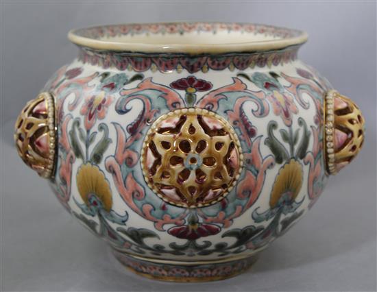 A Zsolnay Pecs pottery Persian inspired oval jardiniere, late 19th century, 29cm, slight restorations